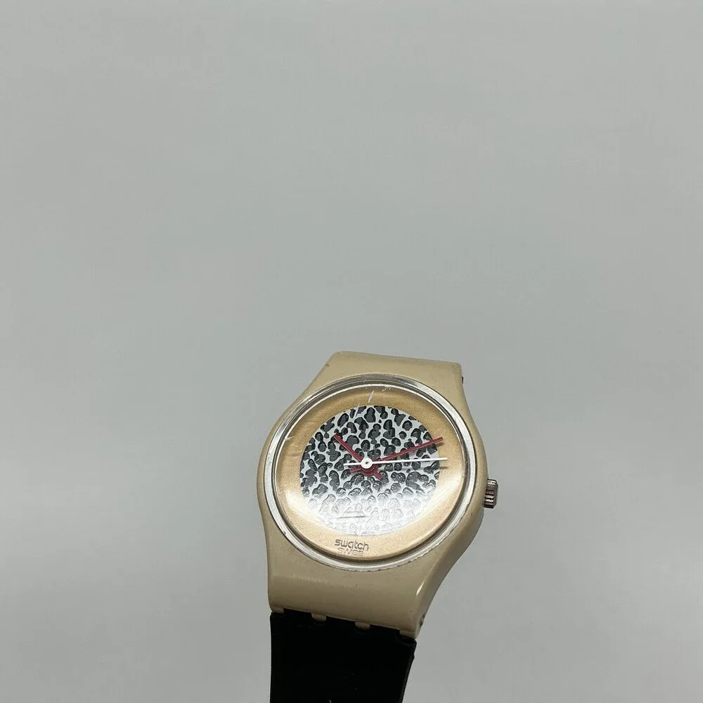Vintage Swatch BG/BC Womens Watch 25mm Gold Tone Leopard Dial Black Band LT102